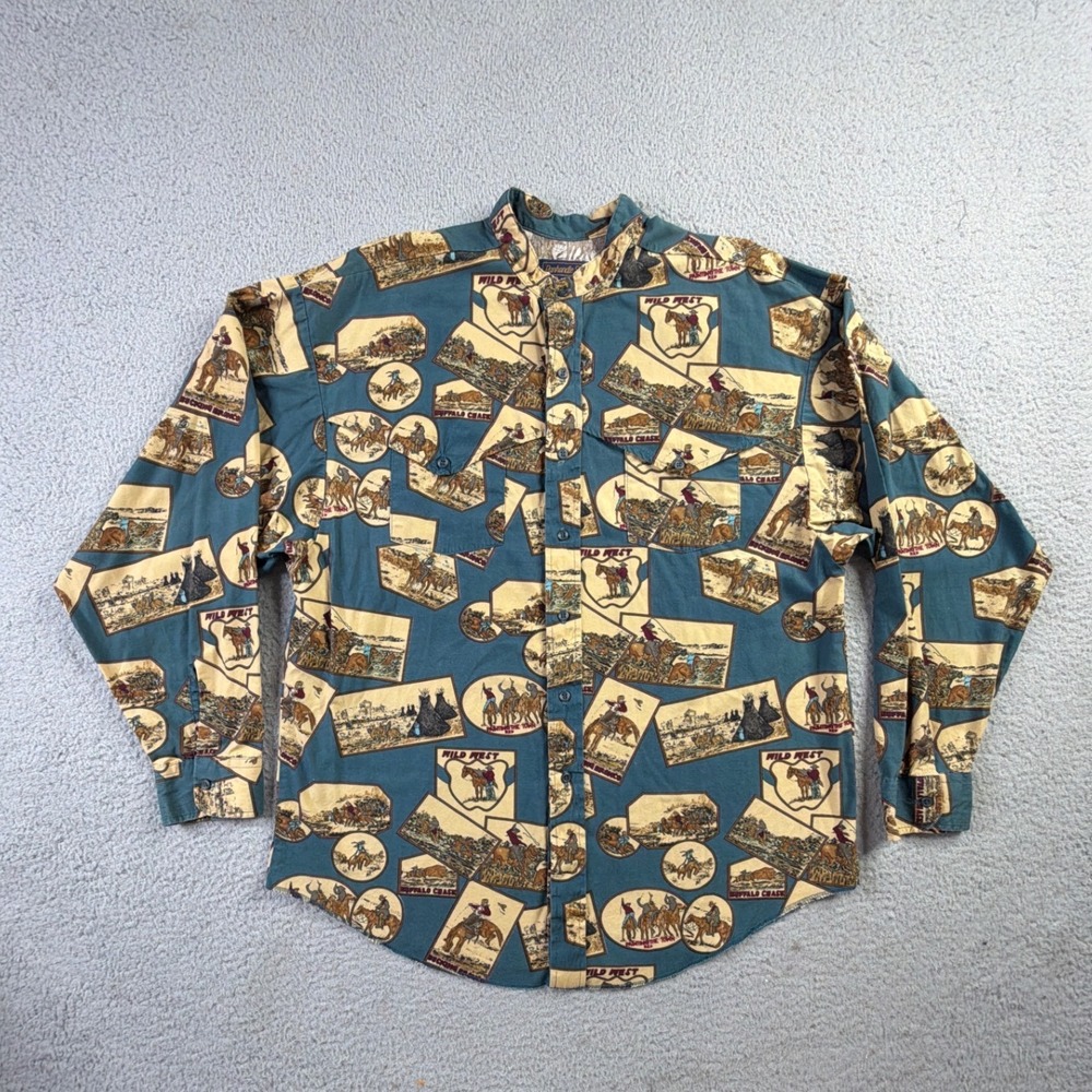 VTG Panhandle Slim Western Shirt AOP Mens L 16.5 Nehru Collar Indians Button Up
